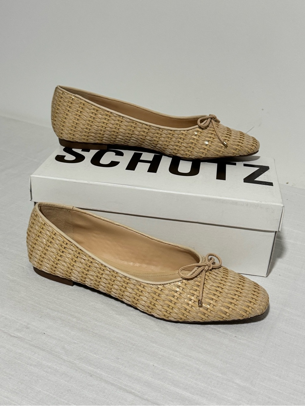 SCHUTZ Natural Woven Raffia Ballet Flats